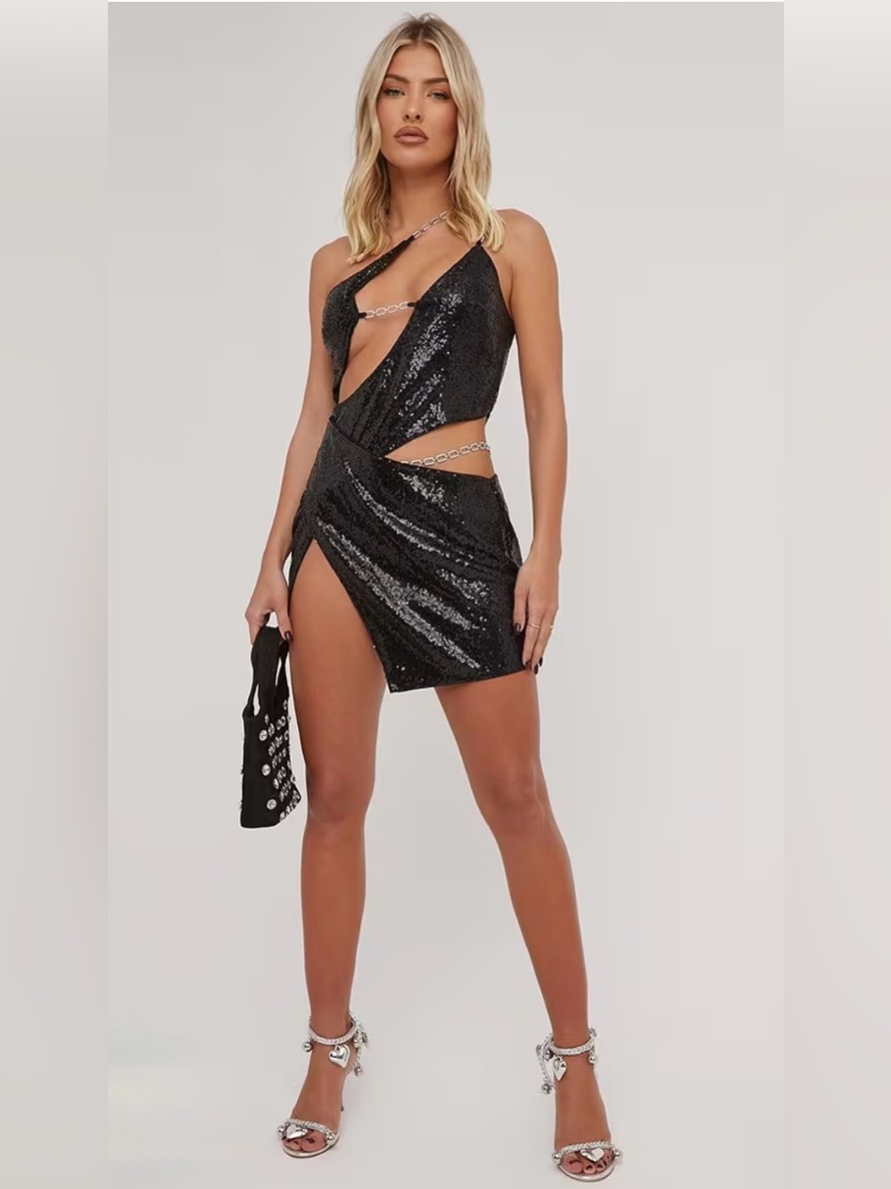 EGO Black Sequin Rhinestone Chain Cutout Asymmetric Mini Hoco Dress